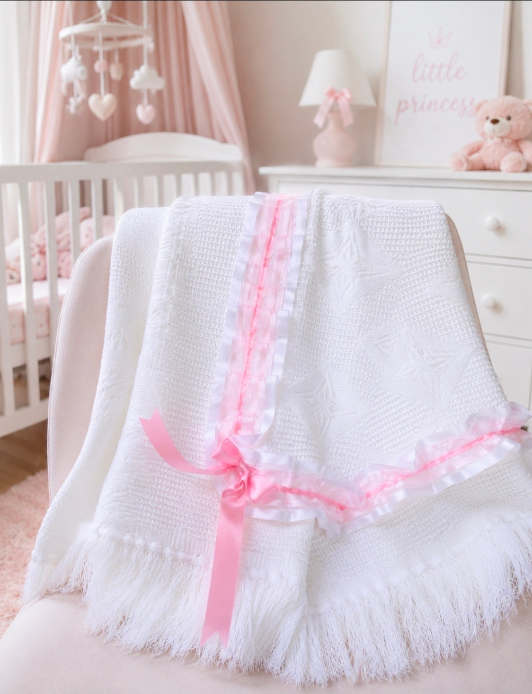 Baby Girl White & Pink Ruffle Lace Shawl