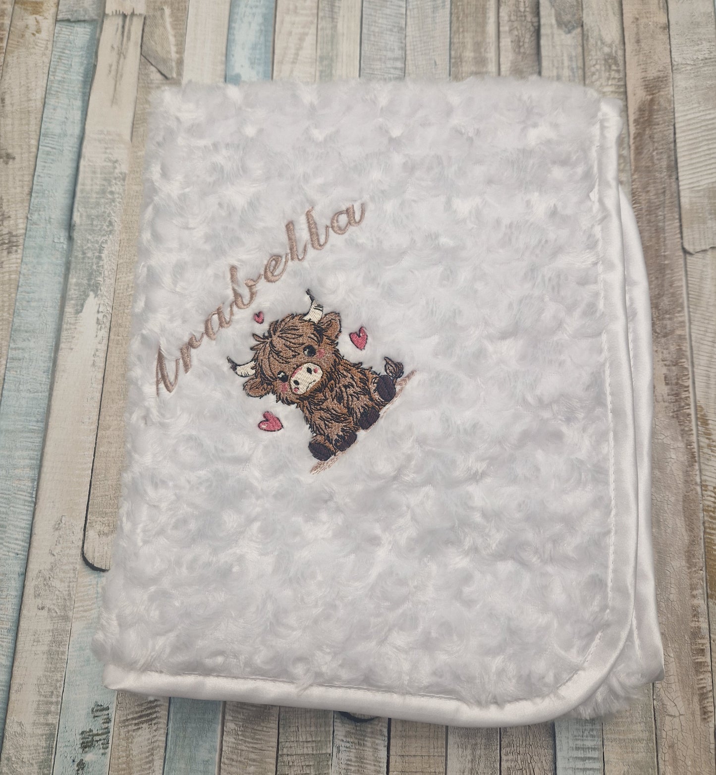 Personalised Baby Girls White Soft Rose Wrap Embroidered With Baby Highland Cow