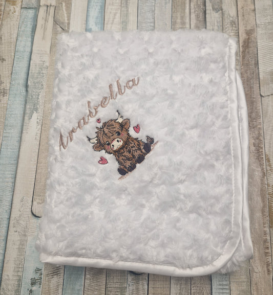Personalised Baby Girls White Soft Rose Wrap Embroidered With Baby Highland Cow
