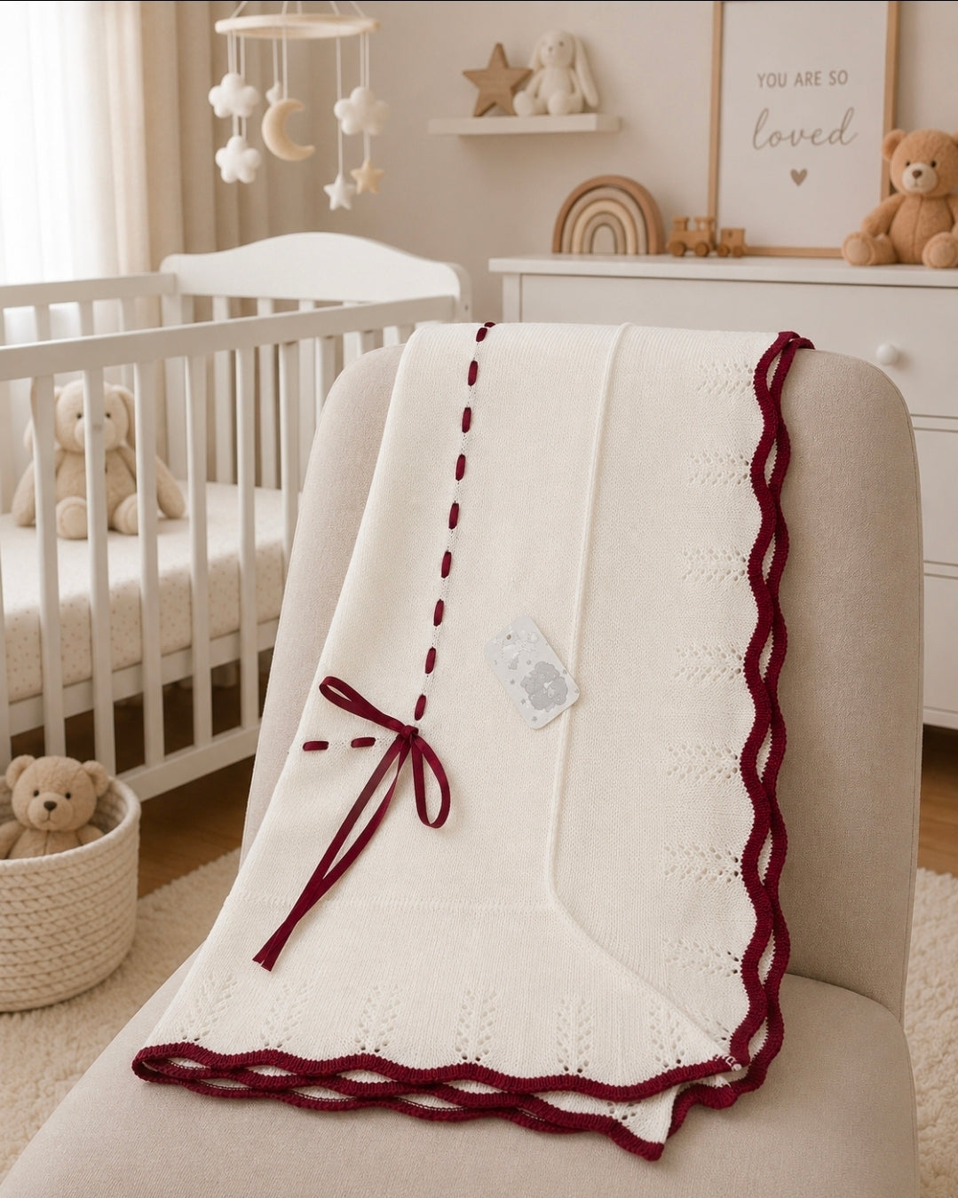 Unisex Baby White Knitted Shawl With Red Satin Ribbon Bow
