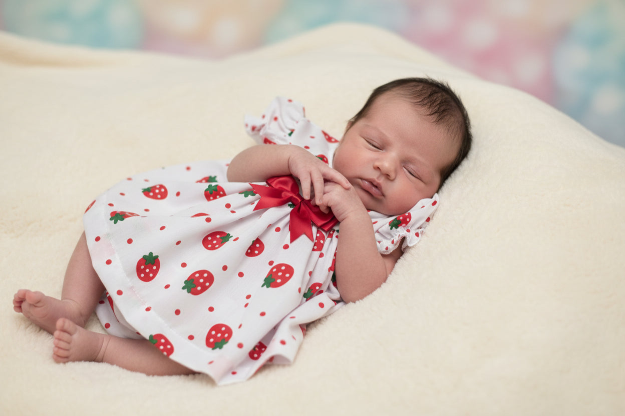 Baby Girls Short Sleeved White Cotton Strawberry Dress And Pants Set