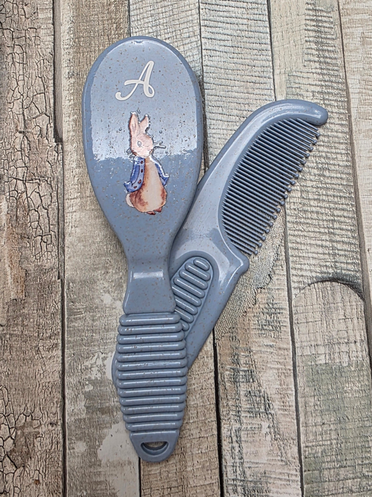 Baby Boys Blue Rabbit Brush And Comb Set With Initial
