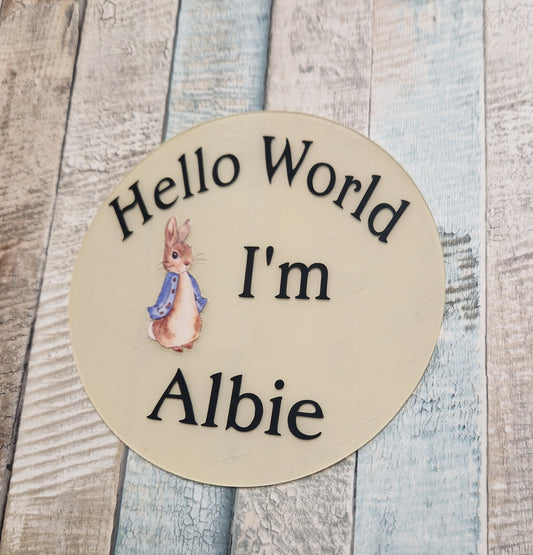 Personalised Hello World Blue Rabbit Announcement Disc