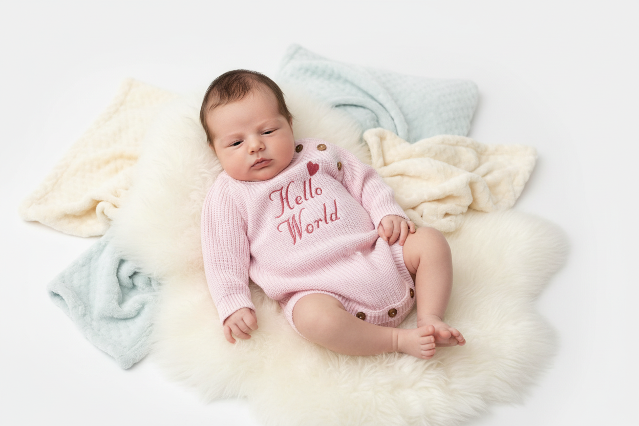 Nana B Baby Girls Pink Hello World Long Sleeved Romper With Beanie Hat
