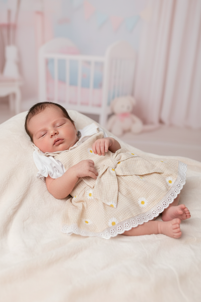 Baby Girls Beige And White Gingham Dungaree Dress Set with Lace and Bow