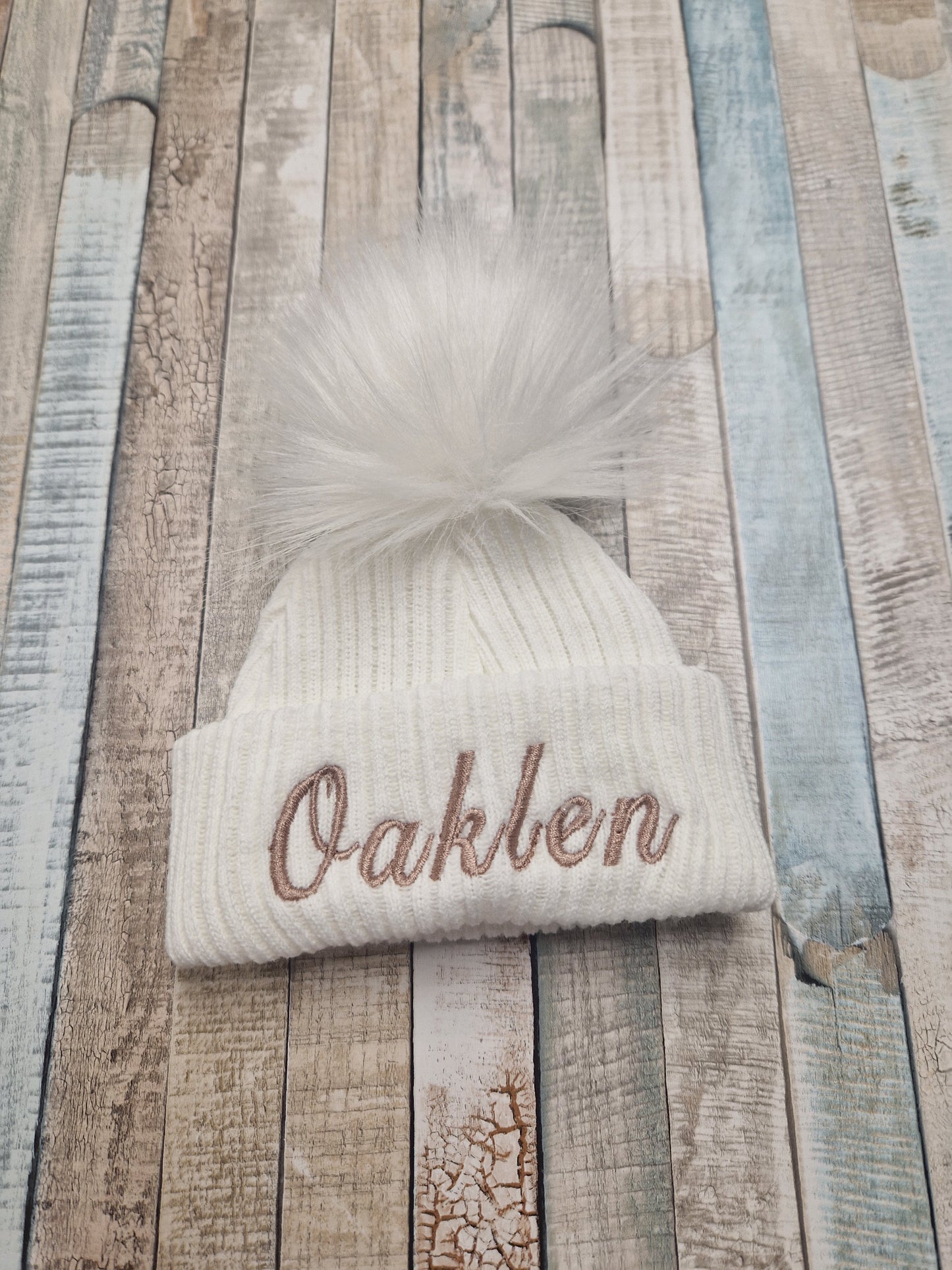 Personalised Baby White Knitted Single White Fluffy Faux Fur Pom Hat