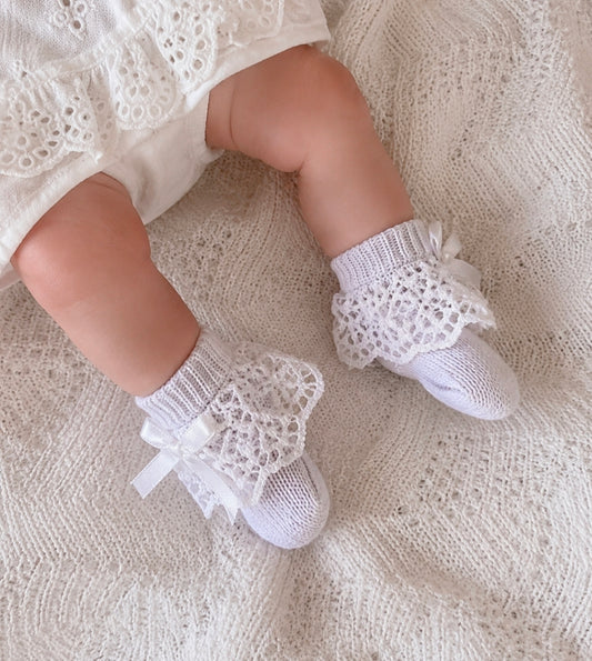 Baby Girls Soft Touch White Deep Lace Bow Ankle Socks