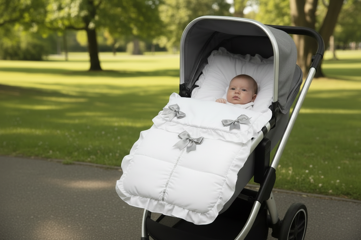 Unisex Baby Plain White And Grey Satin Bow Universal  Pushchair Cosytoes/Footmuff