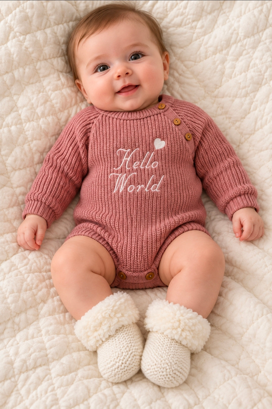 Baby Girls Dusky Pink Hello World Knitted Romper