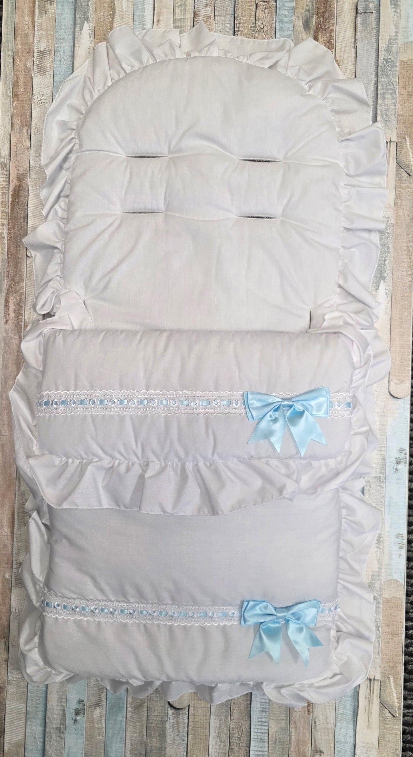 Baby Boys White Frill Universal Pushchair Footmuff/ Cosytoes With Side Satin Blue Bow