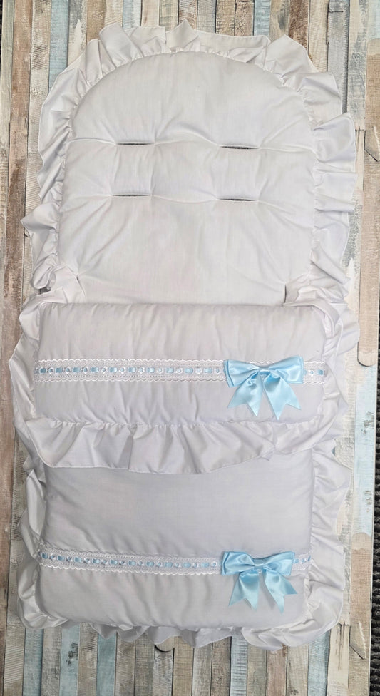 Baby Boys White Frill Universal Pushchair Footmuff/ Cosytoes With Side Satin Blue Bow