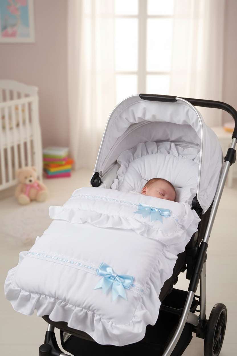 Baby Boys White Frill Universal Pushchair Footmuff/ Cosytoes With Side Satin Blue Bow