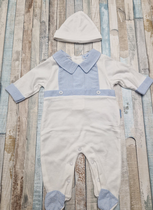 Baby Boys White And Blue Gingham Checked Babygro And Hat Set