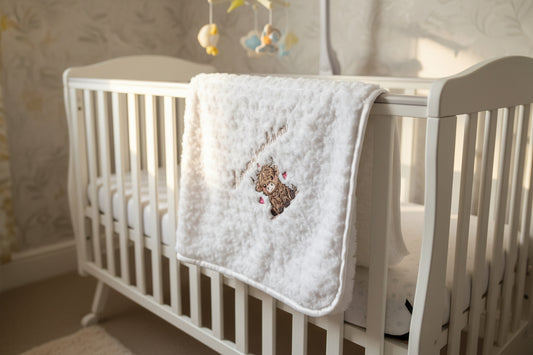 Personalised Baby Girls White Soft Rose Wrap Embroidered With Baby Highland Cow