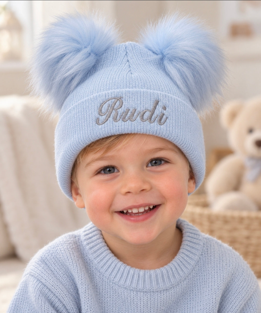 Personalised Baby Blue Knitted Double Blue Fluffy Faux Fur Pom Hat