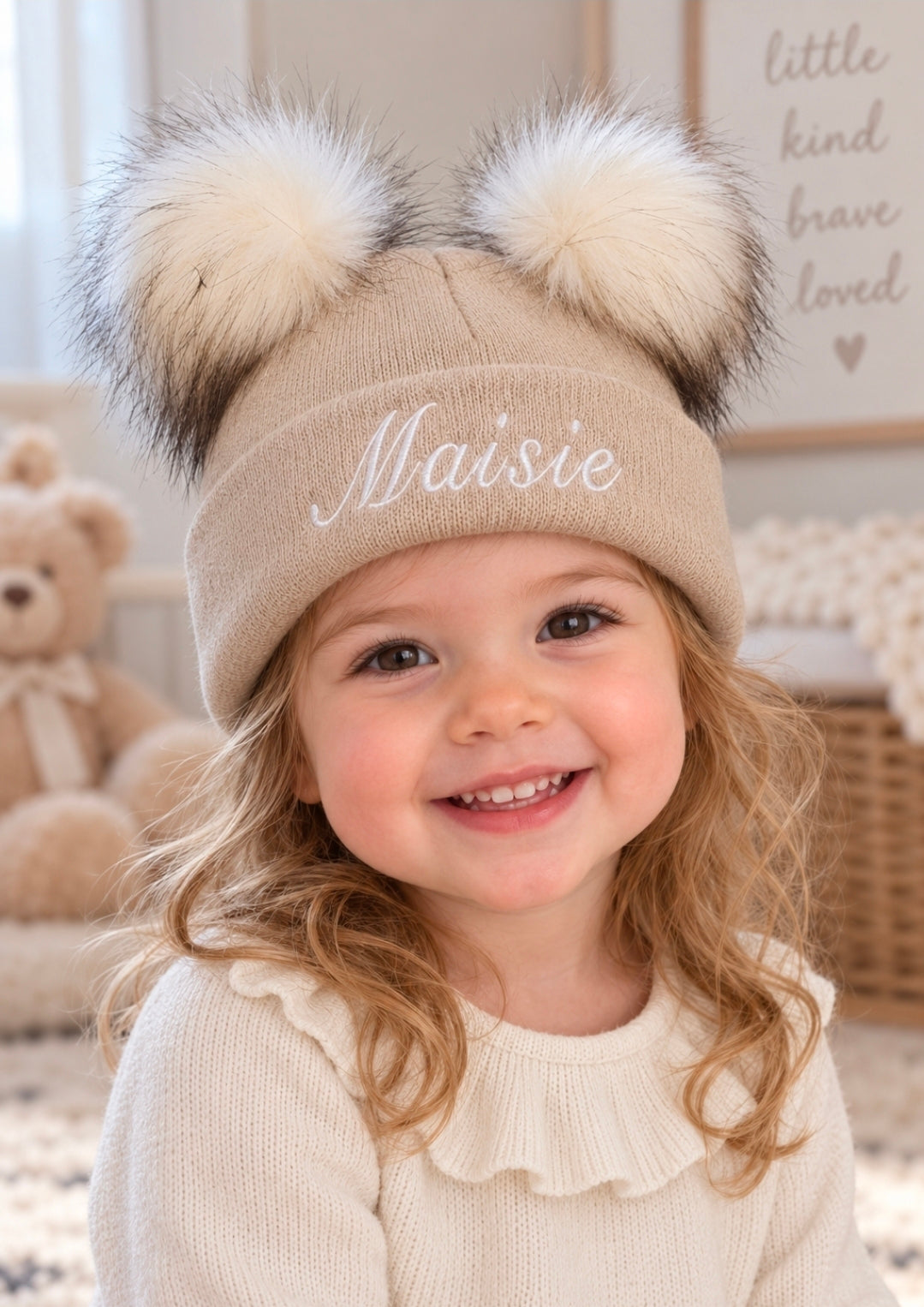 Personalised Baby Beige Double Fluffy Faux Fur Pom Knitted Hat