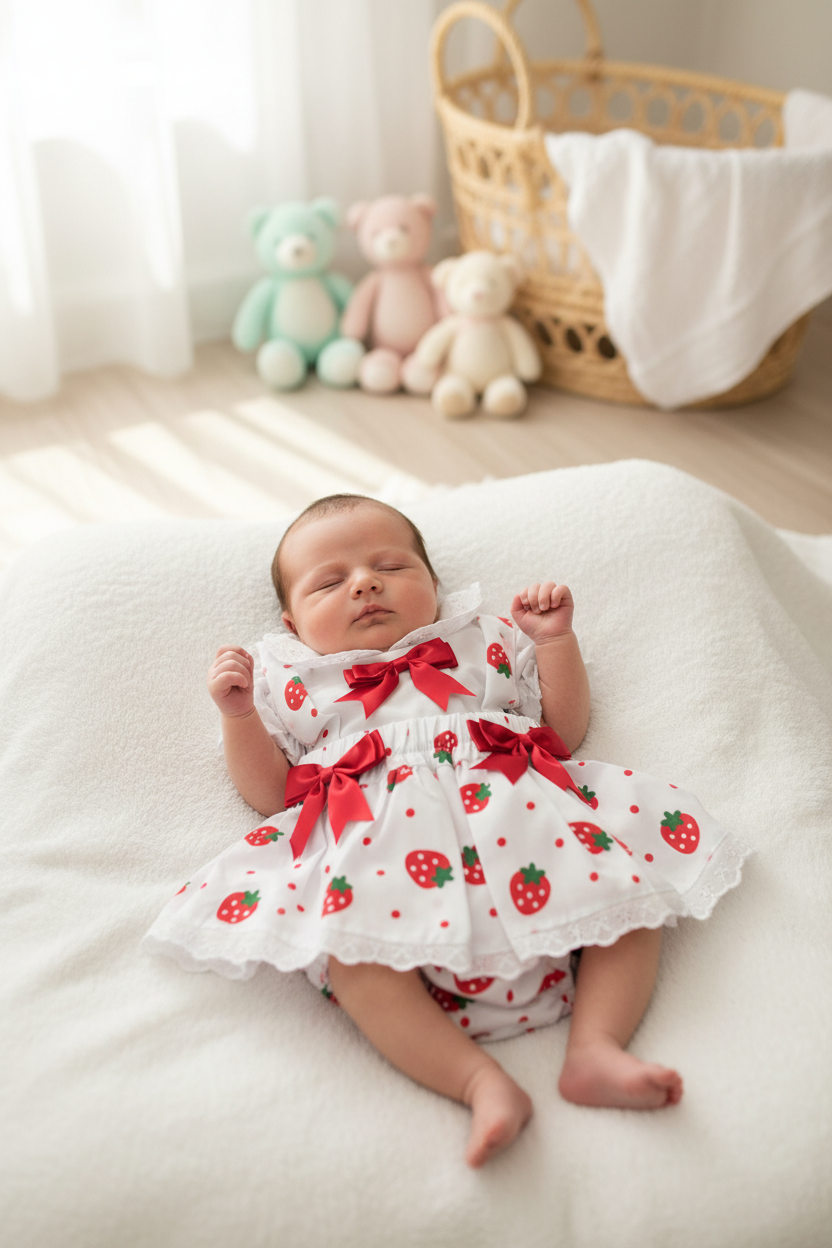 Baby Girls Short Sleeved White Cotton Blouse With Strawberry Design Jam Pants Set