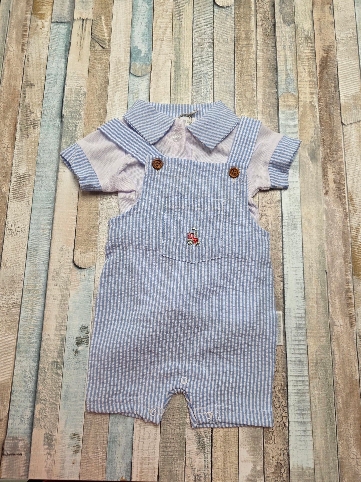 Baby Boys Blue And White Stripe Dungaree Set With Tractor Design