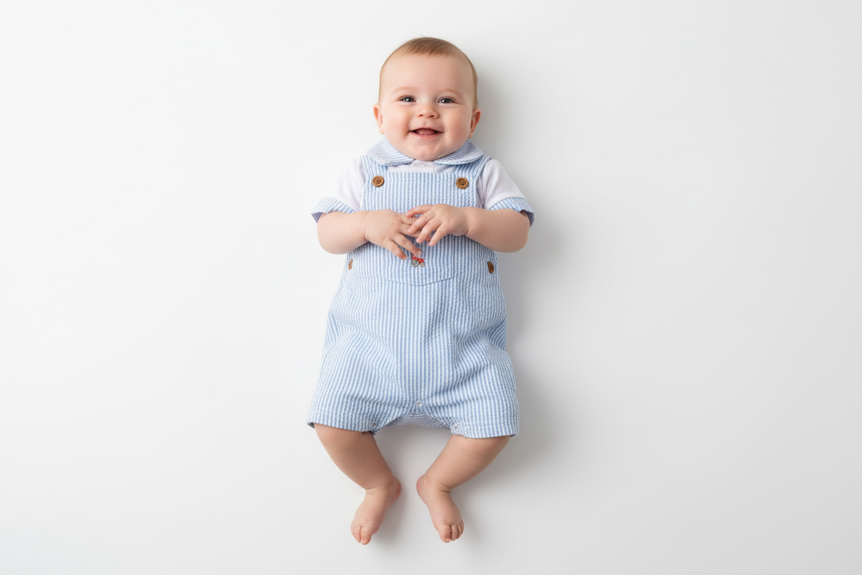 Baby Boys Blue And White Stripe Dungaree Set With Tractor Design