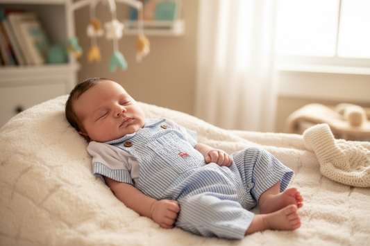 Baby Boys Blue And White Stripe Dungaree Set With Tractor Design
