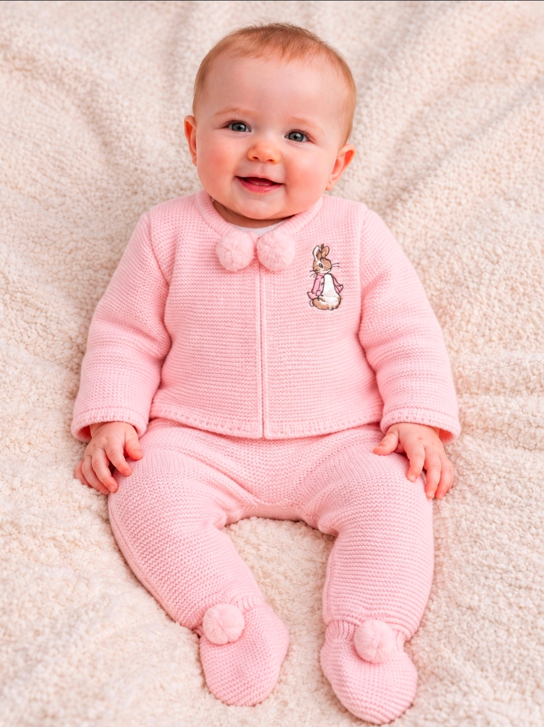 Baby Girls Pink Knitted 2 Piece Pom Pom Set With Embroidered Rabbit Design