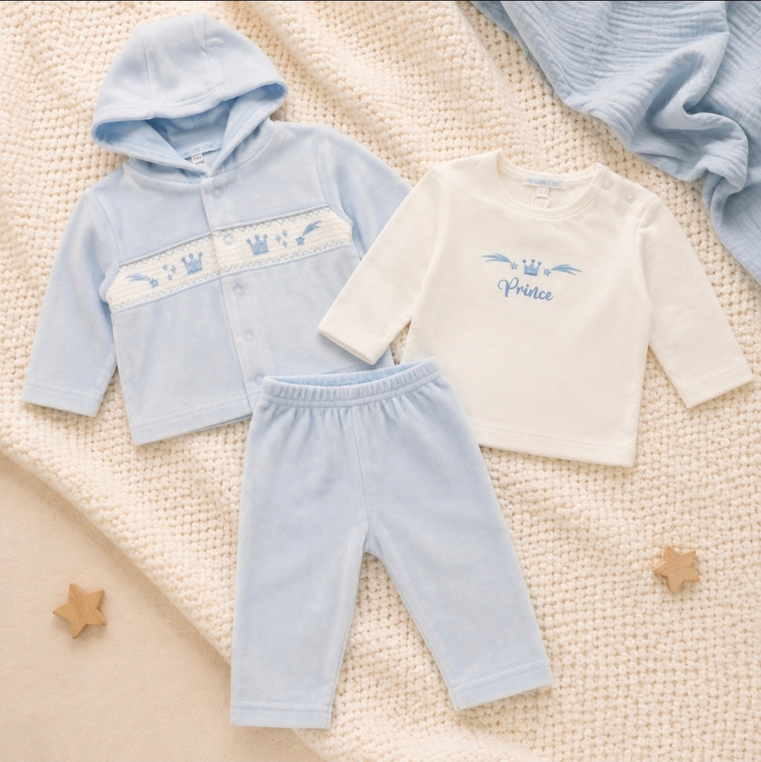 Baby Blue Prince Velour 3 Piece Set With Hooded Jacket