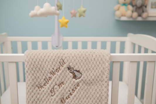 Personalised Hello World Taupe Waffle Blanket/Wrap With Embroidered Gold Rabbit Design