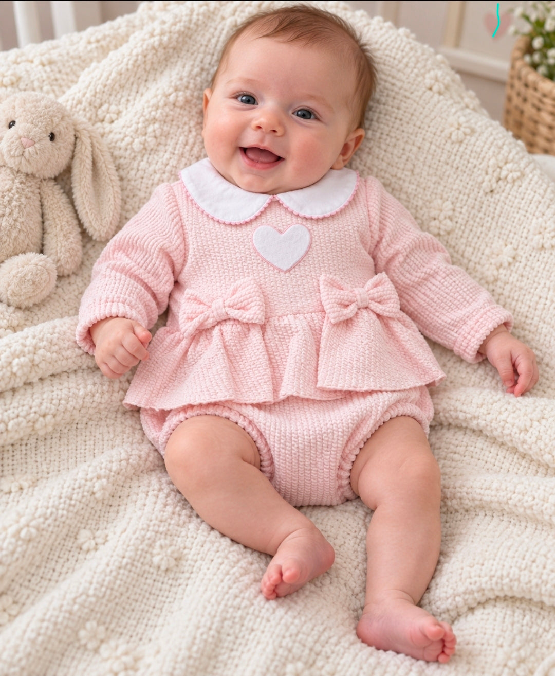 Baby Girls Pink Heart  And Bows Romper With White Collar