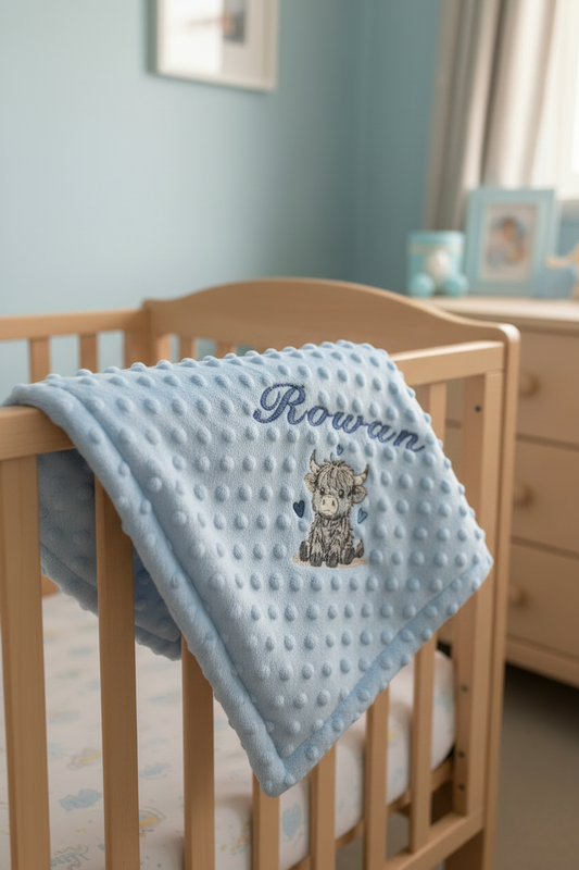 Baby Boys Blue Dimple Wrap With Grey Highland Cow