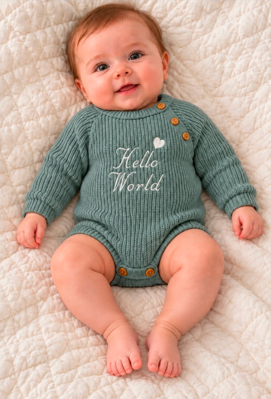 Unisex Baby Sage Knitted Romper With White Hello World
