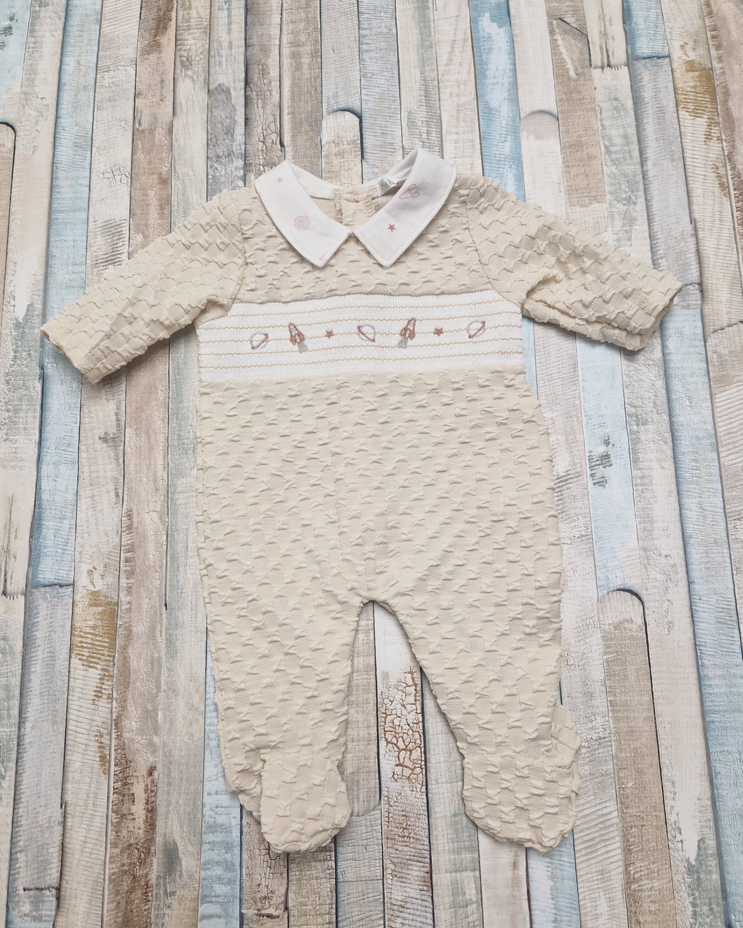 Baby Boys Beige Space Design Smocked Babygro