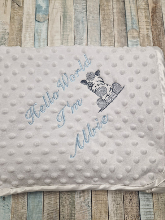 Personalised Hello World White Dimple Wrap With Blue Zebra Embroidered Design