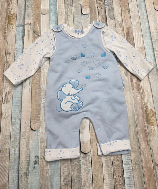 Baby Boys Blue And White Elephant Dungaree Set