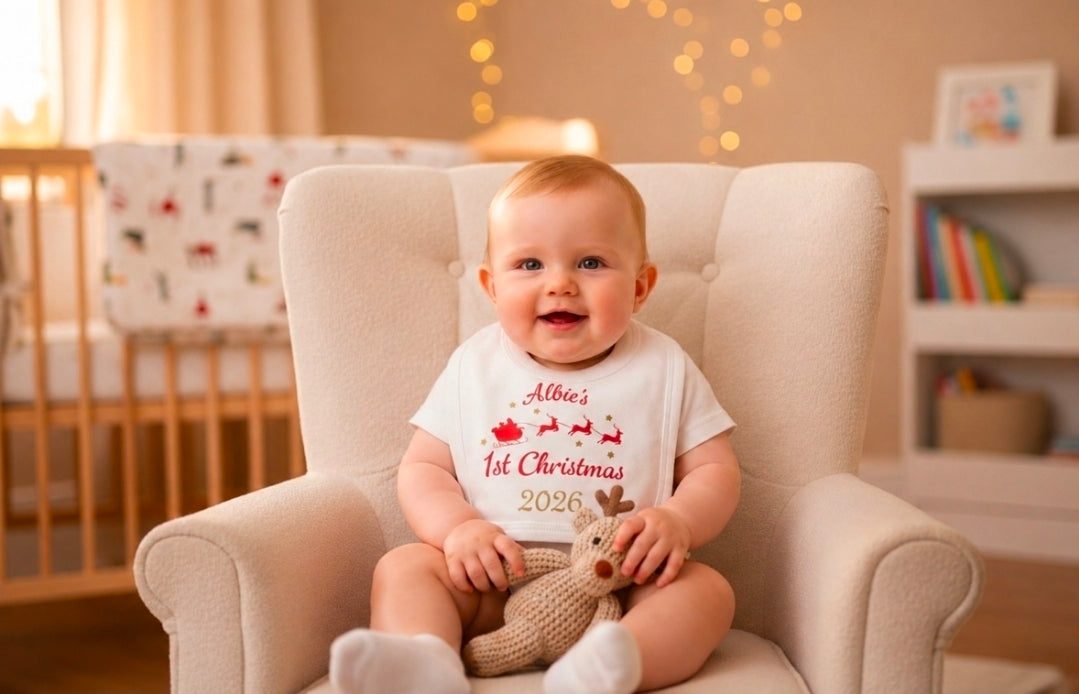Baby's Personalised 1st Christmas Santa Sleigh Printed Bib