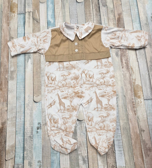 Baby Boys Beige And White Safari Printed Babygro