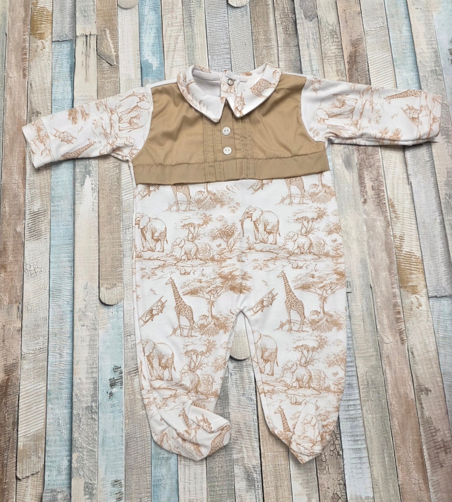 Baby Boys Beige And White Safari Printed Babygro
