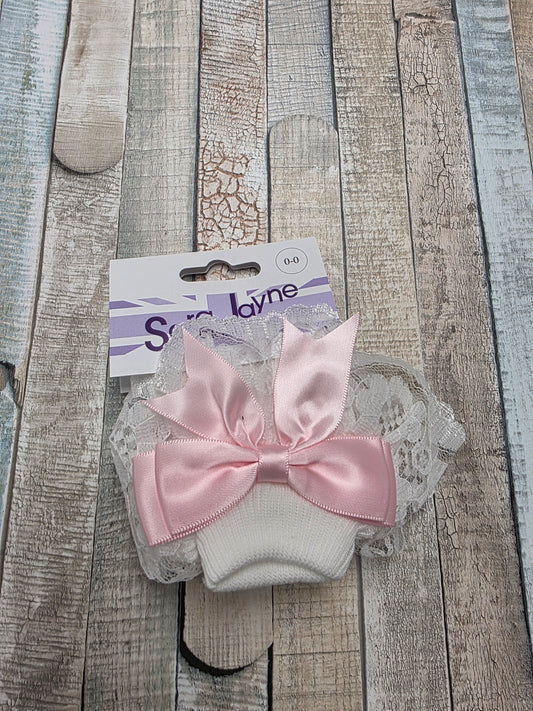 Baby Girls White Frilly Socks With Pink Ribbon