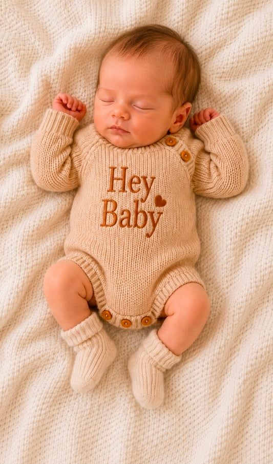 Nana B Hey Baby Beige Unisex Knitted Romper