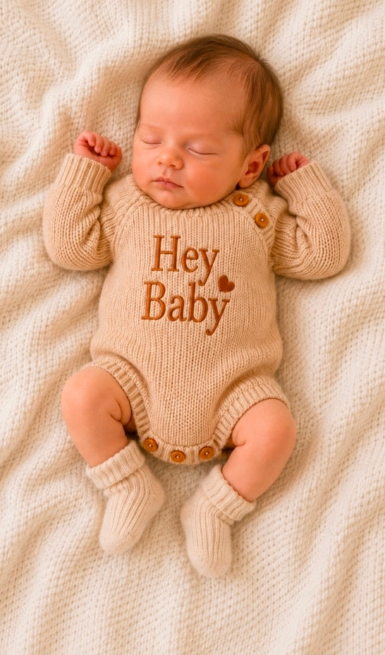 Nana B Hey Baby Beige Unisex Knitted Romper
