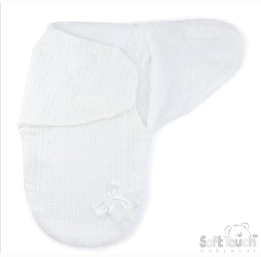 Unisex Baby White New Cable Style Swaddle With Satin Bow