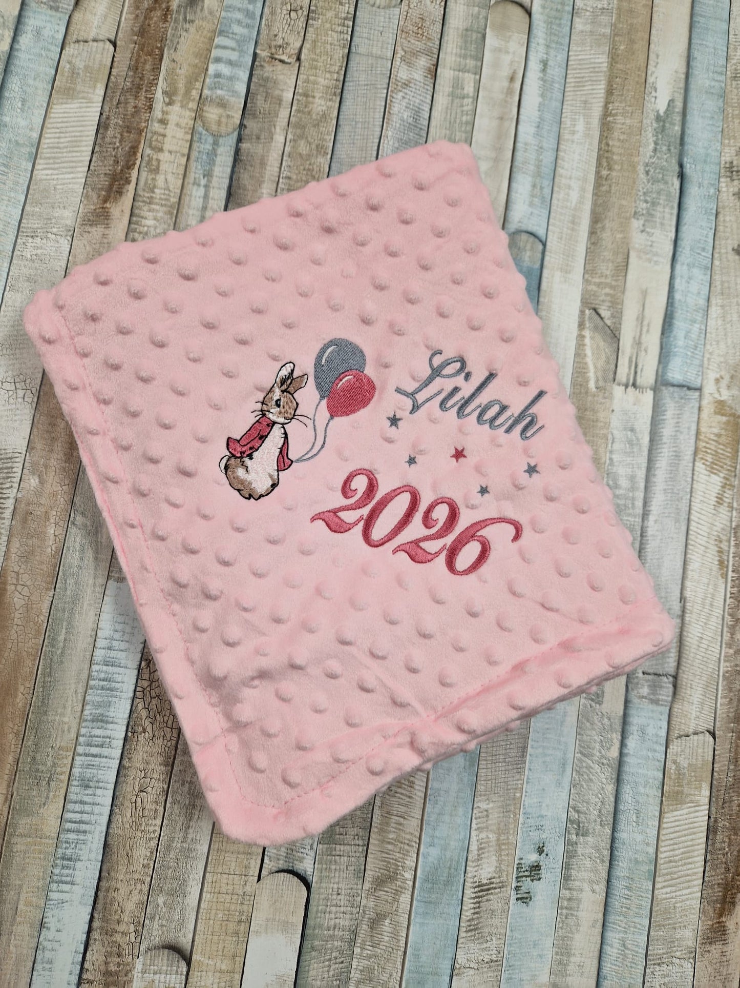 Personalised Baby Girls Pink Dimple Wrap With Pink Rabbit And Balloons And Year Of Birth