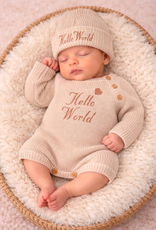 Nana B Unisex Baby Beige Hello World Romper And Beanie Hat