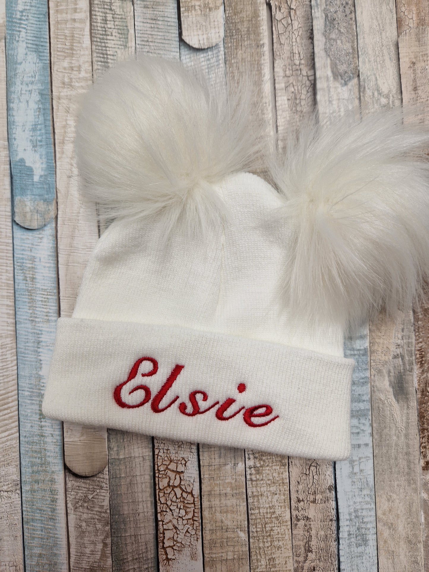 Personalised Baby White Knitted Double White Fluffy Faux Fur Pom Hat