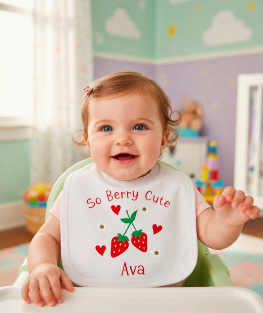So Berry Cute Personalised Strawberry Design Printed Bib