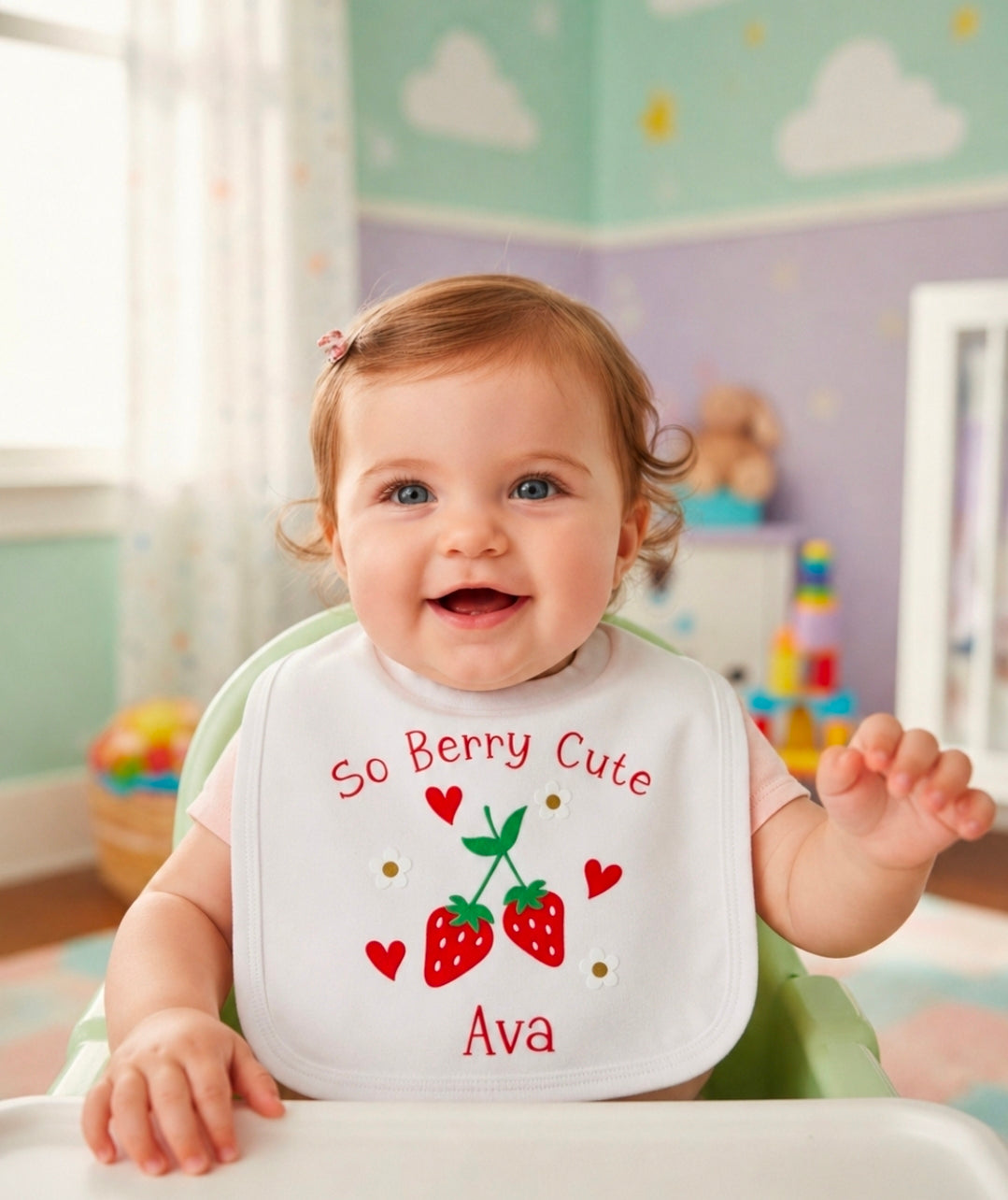 So Berry Cute Personalised Strawberry Design Printed Bib