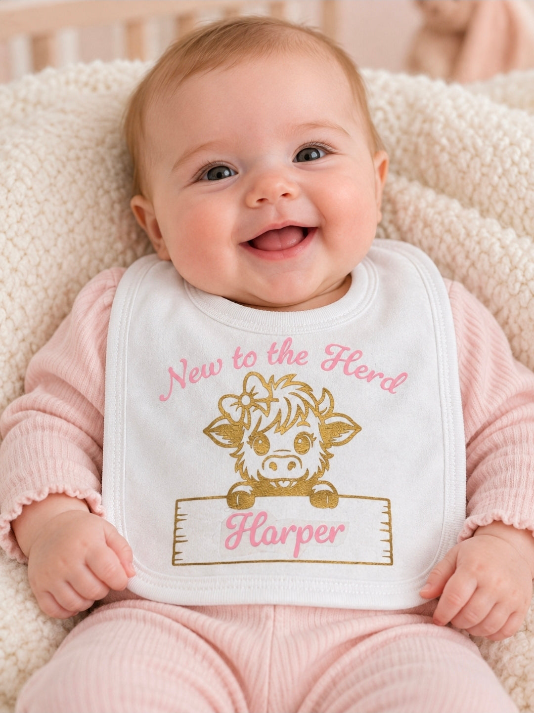 Baby Girls New To The Herd Highland Cow Printed Bib