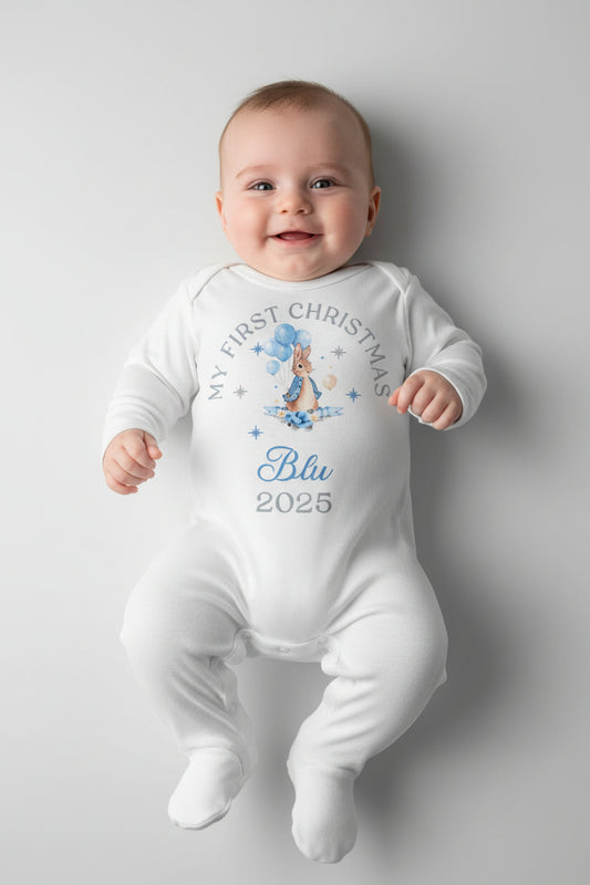 Baby Boys Personalised My First Christmas Printed Rabbit Babygro