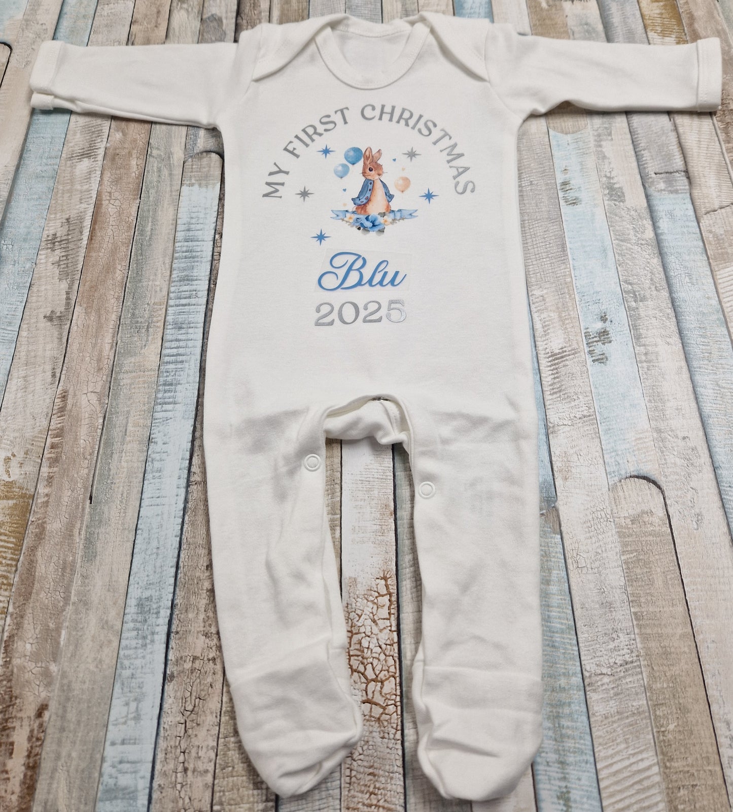 Baby Boys Personalised My First Christmas Printed Rabbit Babygro