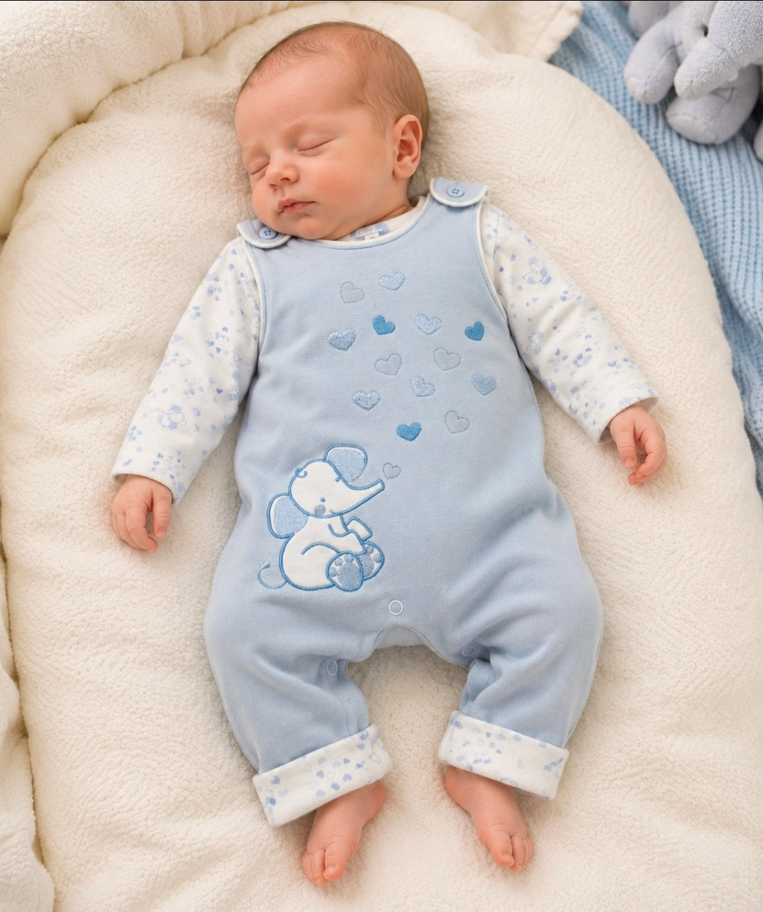 Baby Boys Blue And White Elephant Dungaree Set