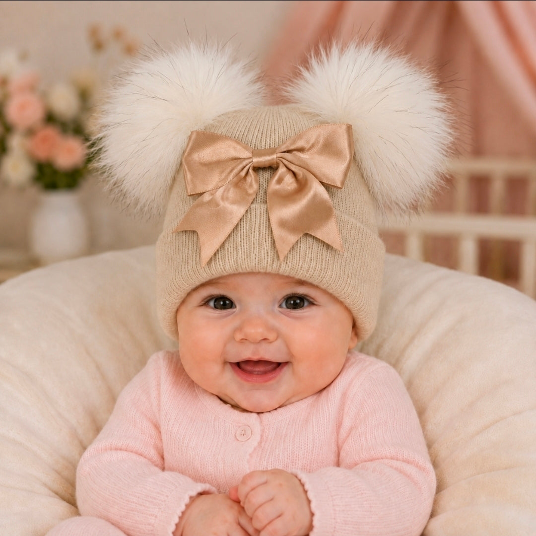 Baby Girls Beige And Gold  Bow And Fluffy Double Pom Hat